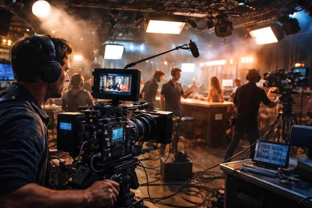 Equipo de producción audiovisual grabando en estudio profesional