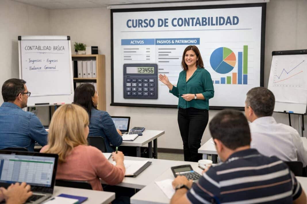 Estudiantes aprendiendo contabilidad financiera en clase presencial