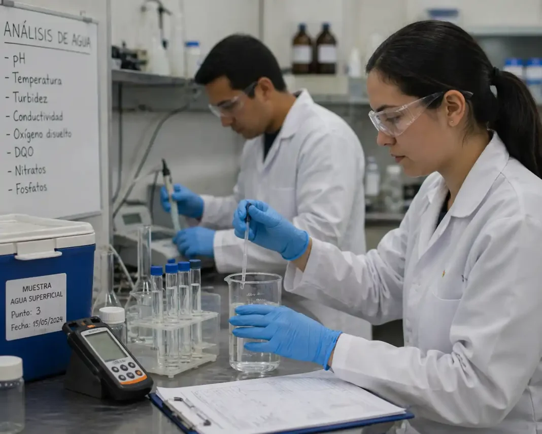 Técnicos de laboratorio realizando un análisis de agua potable