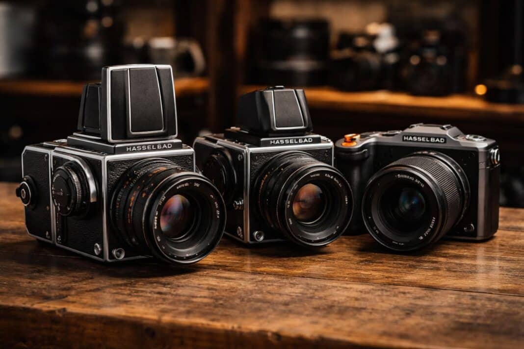 Cámaras fotográficas Hasselblad sobre superficie de madera