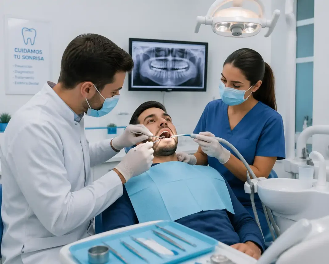 Dentist and assistant performing treatment on a patient in a modern dental clinic