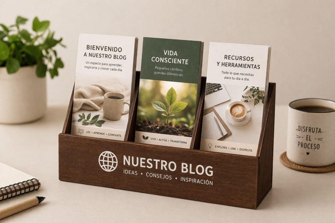 Expositor con flyers de un blog de consejos, recursos y artículos útiles