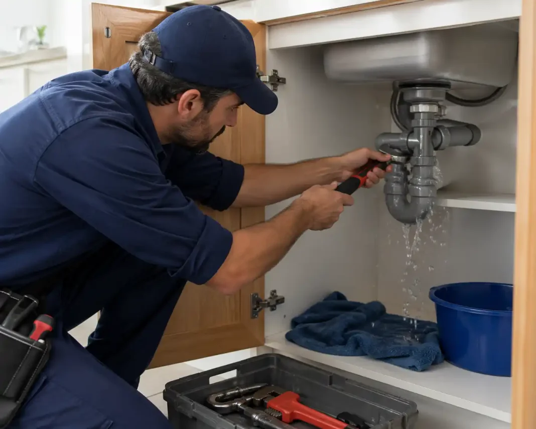 Fontanero reparando una fuga de agua debajo del fregadero en una vivienda