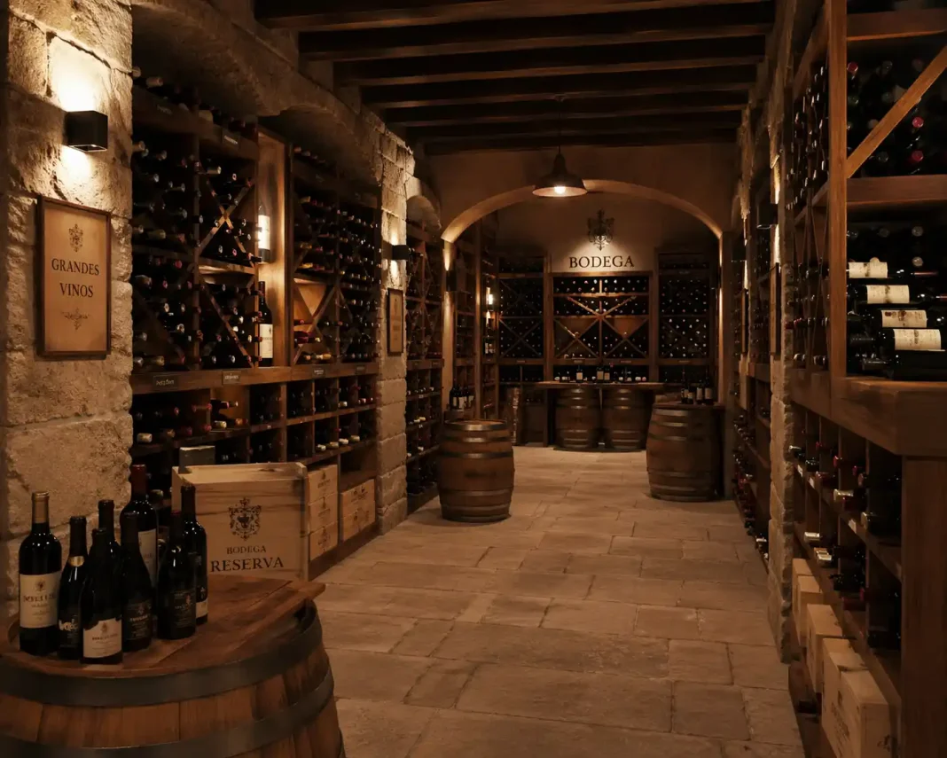 Interior de bodega de vinos con estanterías de madera y barricas