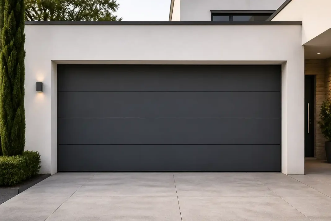 Puerta de garaje moderna en vivienda unifamiliar de diseño minimalista