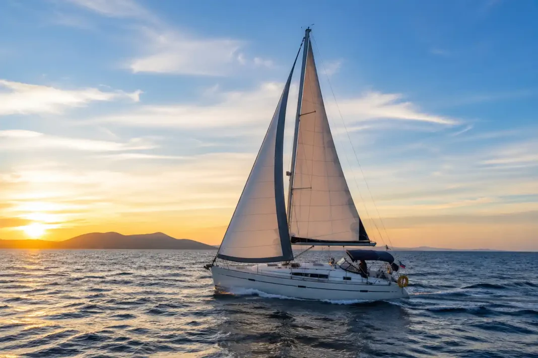 Velero blanco navegando en el mar durante el atardecer