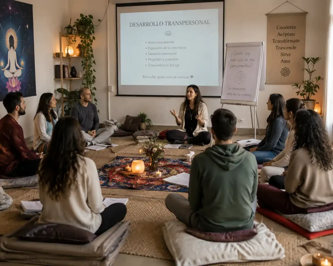 Clase de desarrollo transpersonal con grupo de personas en círculo y guía de crecimiento personal