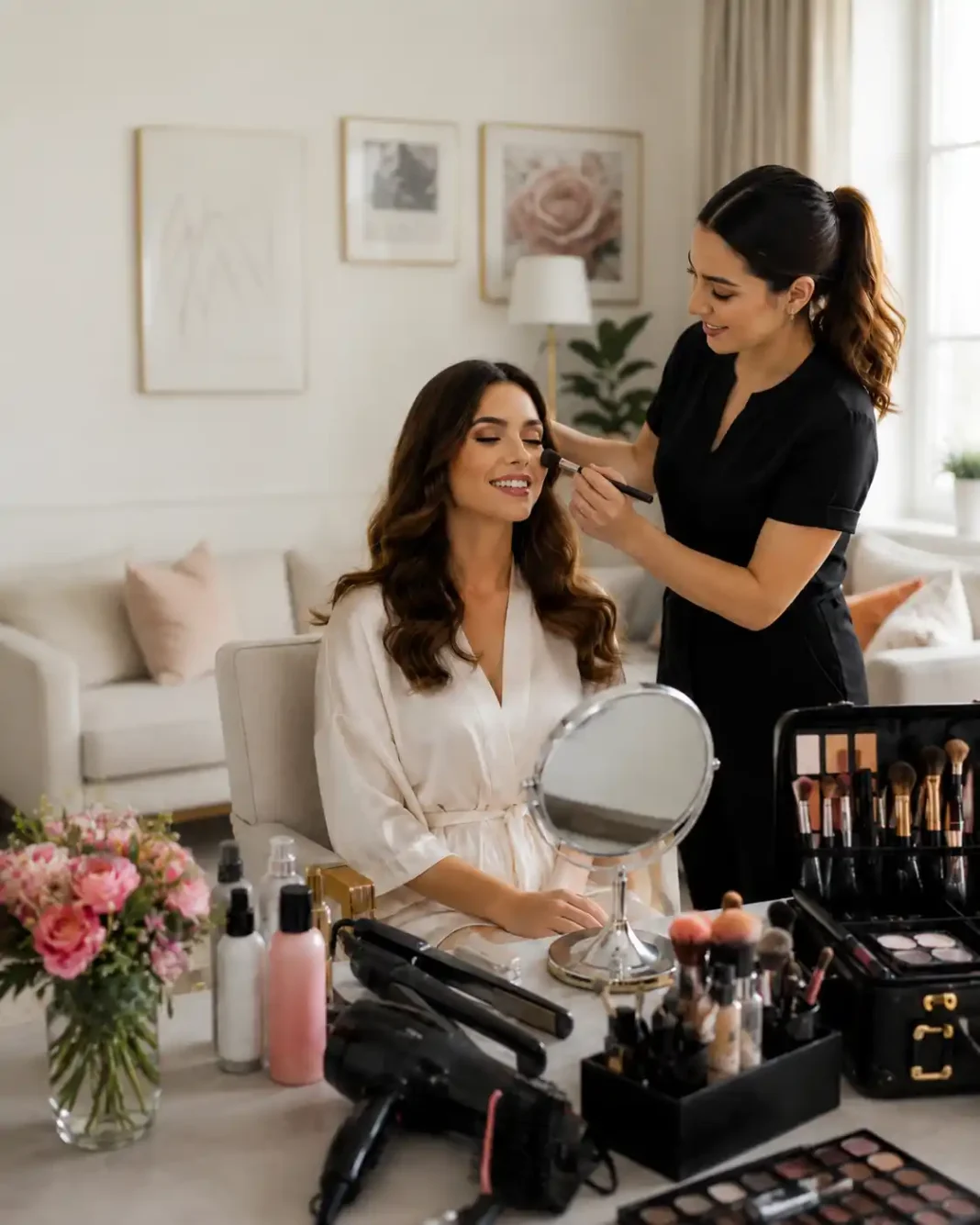 Maquilladora profesional realizando un servicio de peluquería y maquillaje a domicilio