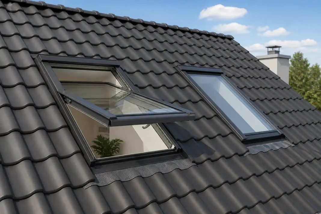 Ventanas de tejado modernas instaladas sobre cubierta inclinada de tejas negras