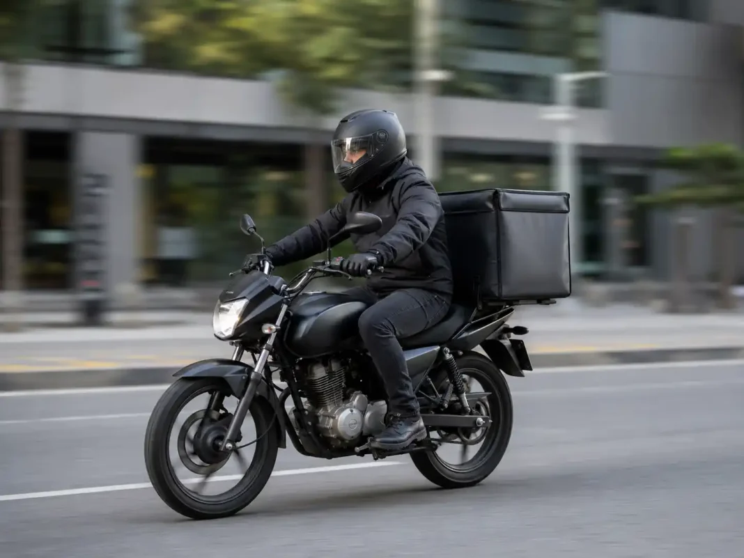Mensajero en moto realizando un reparto urbano