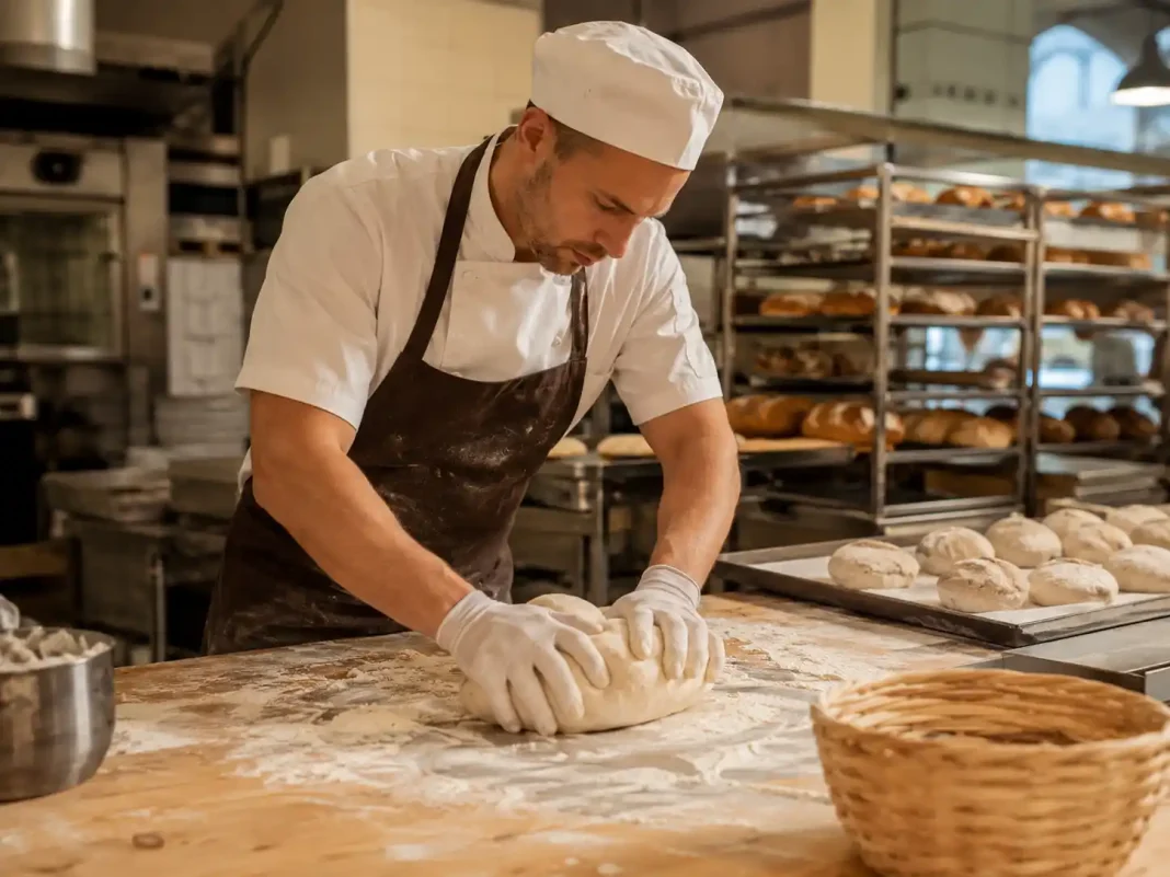 Panadero profesional trabajando la masa en un obrador de panadería