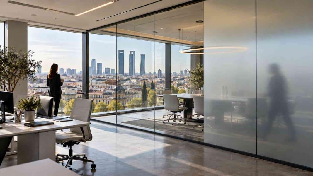 Mampara de cristal inteligente en una oficina moderna de Madrid