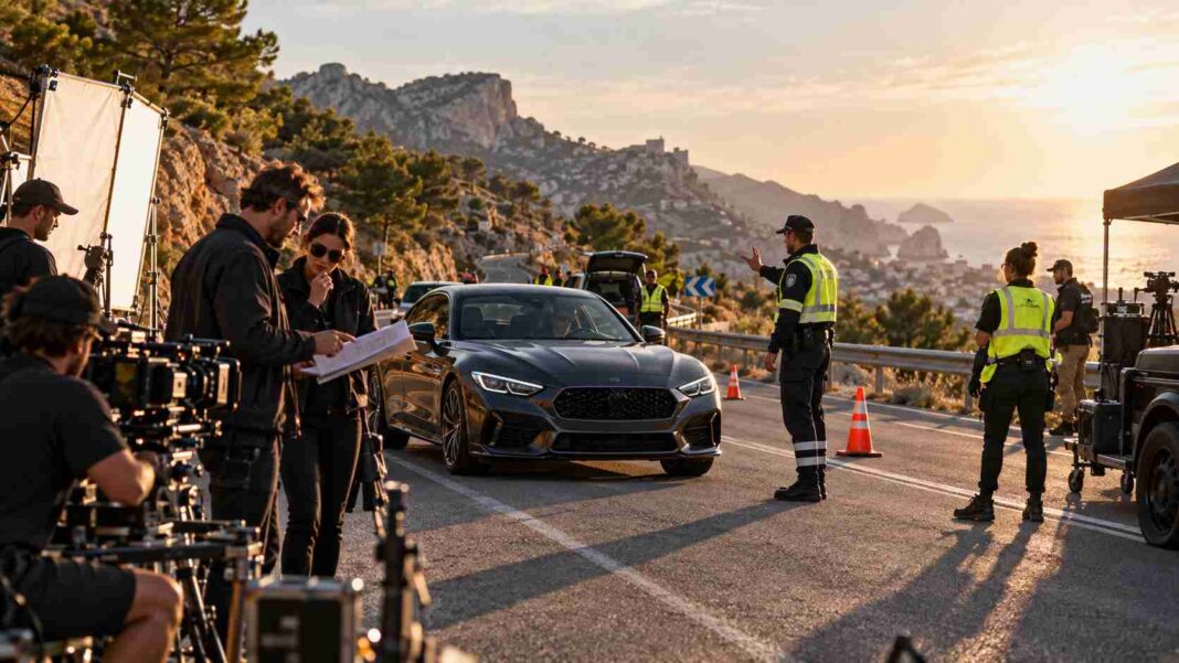 Rodaje de un spot de coches en una carretera de España