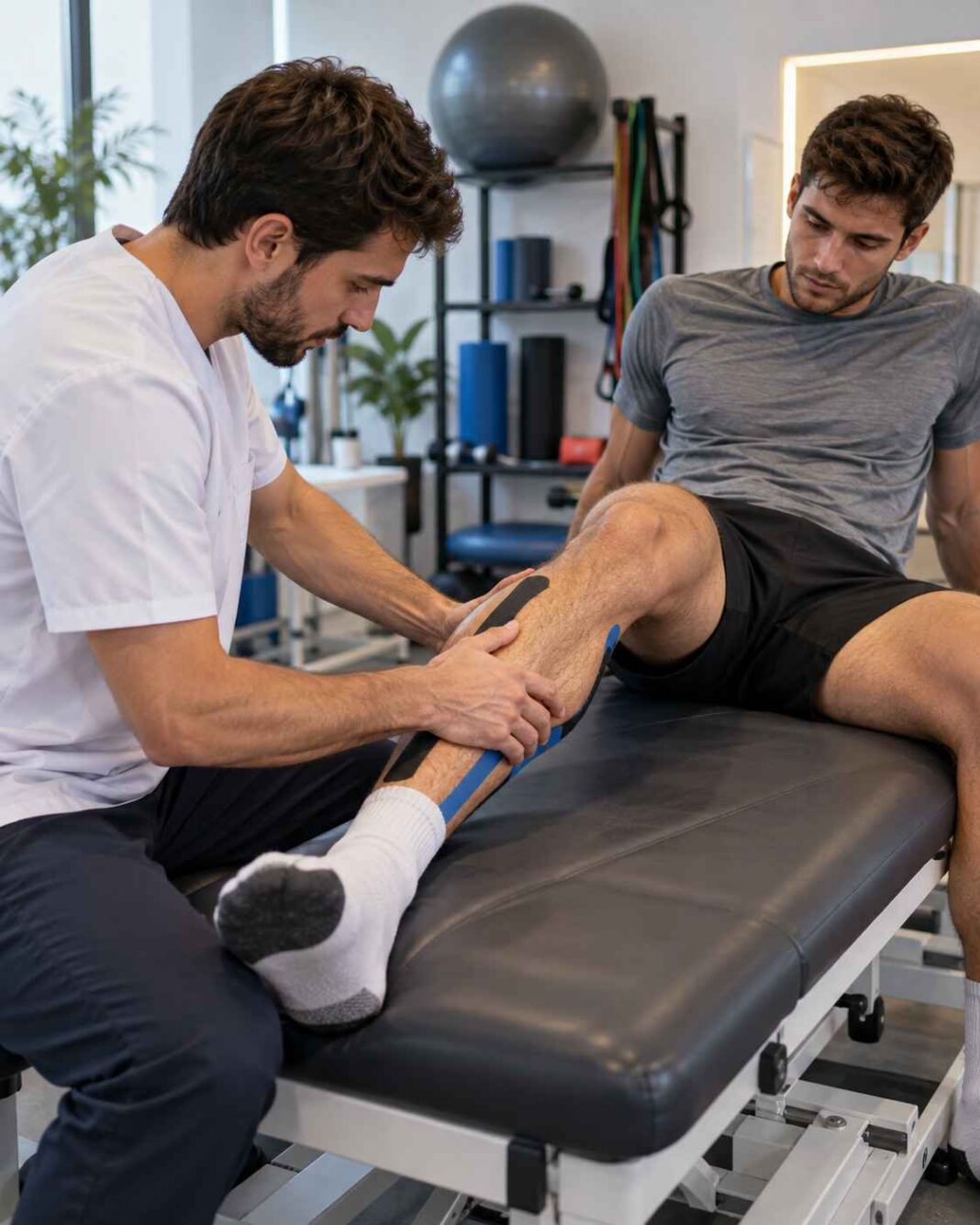 Fisioterapeuta tratando una rotura fibrilar en la pierna de un deportista